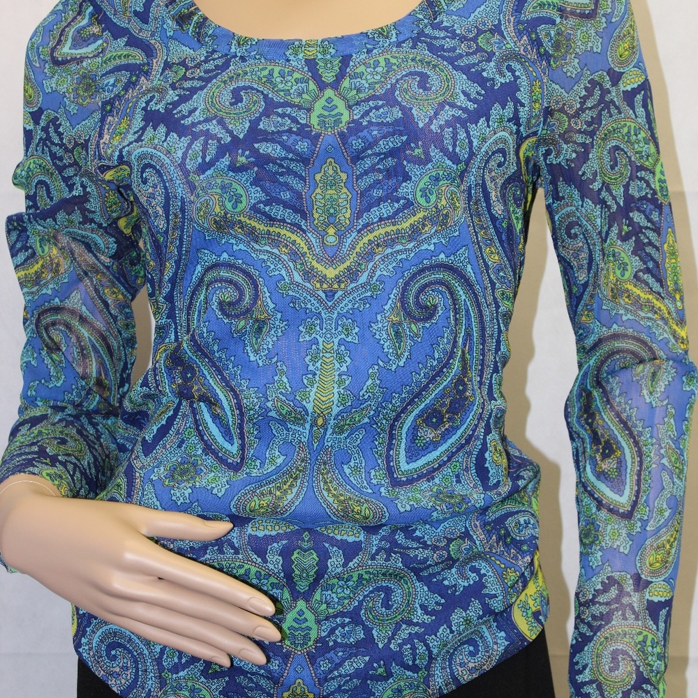 INC Blue Paisley Long Sleeve Top SZ Petite Large